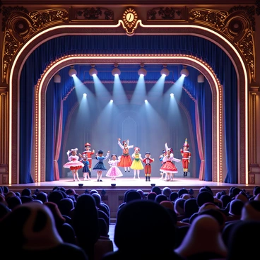 A scene from "The Nutcracker" ballet is being performed on stage at the Radio City Music Hall. The stage is adorned with elaborate decorations featuring intricate designs of snowflakes and festive ornaments. Dancers in colorful costumes, depicting characters such as Clara and the Nutcracker Prince, are gracefully leaping and spinning. The audience can be seen in the foreground, captivated by the performance, with some children in light-up holiday attire. The iconic art deco architecture of the Radio City Music Hall is visible in the background, highlighting its grand atmosphere. Bright stage lights illuminate the performers, creating a vibrant and magical ambiance.