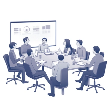 A conference room setting with a large, rectangular table at the center. Around the table, several individuals are seated, engaged in conversation. Some of the people are leaning forward, showing enthusiasm while others are taking notes. Various gadgets, including smartphones, tablets, and laptops, are scattered across the table. The room is equipped with a large screen displaying charts and graphs. Each person has a coffee cup or a water bottle in front of them, contributing to the collaborative atmosphere of the meeting.