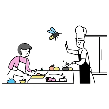 A fly, depicted with translucent wings and a small, elongated body, is hovering above a countertop in a busy kitchen. Below it, two chefs are engaged in food preparation. One chef, wearing a white apron and a chef's hat, is chopping vegetables on a wooden cutting board. The other chef, dressed in a black apron, is stirring a pot on the stove. Various ingredients, like colorful vegetables and spices, are scattered across the kitchen workspace. The background showcases kitchen equipment, including pots, pans, and a large refrigerator.
