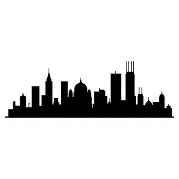 A famous city skyline featuring silhouetted buildings against a blank background. The skyline includes a mix of iconic structures such as towers, skyscrapers, and a recognizable dome. Each building has distinct shapes and heights, creating an interesting silhouette. The overall composition is balanced, showcasing the grandeur of the architecture while maintaining simplicity in design.