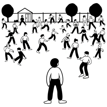 A child in simple clothing stands at the edge of a crowded schoolyard, looking away from a group of children playing games. The schoolyard is filled with children engaged in various activities, such as playing tag and jumping rope. The child is surrounded by a mix of trees and playground equipment, with a distinct line marking the bustling area and the quieter edge where the child stands. The atmosphere conveys a sense of separation, with the group of children unaware of the solitary figure nearby.