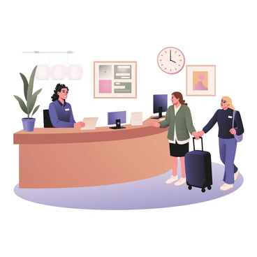 A hotel receptionist standing behind a polished wooden front desk, welcoming guests as they arrive. The receptionist has curly black hair tied back and is wearing a navy blue uniform with a name tag. Behind the desk, there is a tall, decorative plant in a pot, and a computer monitor displaying guest information. To the right, a young couple is approaching the desk, the woman has shoulder-length brown hair and is holding a large suitcase, while the man has short blond hair and is carrying a backpack. The lobby features soft lighting and modern artwork hanging on the walls. A large clock hangs above the desk, showing the current time.