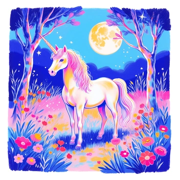 A majestic unicorn stands gracefully in a magical glade, its coat shimmering in the soft glow of the moonlight. The unicorn has a long, spiraled horn that glints with silvery reflections. Around it, vibrant wildflowers bloom in various colors, adding a touch of brightness to the scene. Tall trees, with leaves gently rustling in the night breeze, frame the glade, creating a sense of enchantment. The moon hangs low in the sky, casting a gentle light that illuminates the entirety of this serene setting.