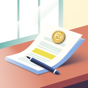 A stack of legal documents is neatly arranged on a wooden desk. The documents are white with black text and a few highlighted sections in yellow. Next to the stack, there is a sleek black pen positioned diagonally, its cap resting beside it. A gold seal, with an intricate design, is placed prominently on top of the stack. The wooden desk has a rich brown finish, displaying a polished surface with visible wood grain patterns. Soft light filters through a nearby window, casting gentle shadows across the scene.