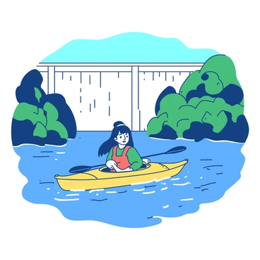 A person in a yellow kayak is paddling on a blue river. The paddler is wearing a life jacket and has a focused expression, navigating the gentle waves. In the background, there is a large, impressive dam with a smooth concrete surface, creating a striking contrast against the surrounding green trees. The sky is clear and bright, and the sunlight reflects off the water, creating a shimmering effect. The scene captures the harmony between the outdoor activity and the engineering marvel of the dam.