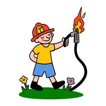 A child with light skin and short brown hair wearing a bright red toy firefighter helmet. The child is smiling and dressed in a yellow t-shirt and blue shorts. They are holding a small black toy hose, pointing it playfully as if pretending to extinguish a fire. The background features a sunny day with green grass and a few colorful flowers.