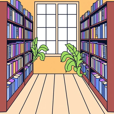 An old library filled with tall wooden shelves stacked with ancient books. The books have worn leather bindings and faded titles. Delicate green ferns are growing in between the shelves, their fronds gently unfolding. Soft light filters through tall windows, casting gentle shadows across the wooden floor. The atmosphere is quiet, with the scent of old paper and earth.
