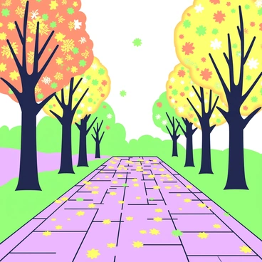 A walkway is covered in autumn leaves, forming a thick carpet of various leaf shapes. On either side of the walkway, trees stand tall in the background, their branches richly adorned with leaves in shades of fall. Sunlight filters through the foliage, creating dappled patterns on the ground. The trees display a variety of colors, with some leaves appearing vibrant and others in different stages of fall. The scene is tranquil, inviting people to stroll along the path and enjoy the beauty of the season.