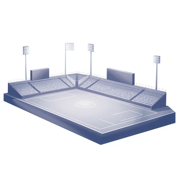 A stadium filled with empty seats, arranged in neat rows, creates a sense of abandonment. The field lies silent, with perfectly manicured grass stretching out beneath the bright stadium lights. Shadows cast by the towering floodlights add a sense of depth to the scene. Each section of the stands is devoid of spectators, emphasizing the solitude of the space. A large scoreboard at one end remains unlit, while the goalposts stand guard at either end of the field, contributing to the overall stillness of the environment.