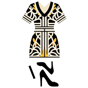 A dress with a fitted silhouette, designed in an art deco style. The dress features intricate geometric patterns in black and white, creating a bold contrast. Gold accents are incorporated throughout the design, highlighting specific shapes and adding an elegant touch. The dress has a knee-length hem and short sleeves, enhancing its stylish appearance. Additionally, a pair of elegant black high-heeled shoes is placed beside the dress, complementing its overall look.