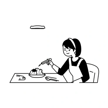 A person seated at a dinner table is holding a thermometer in their right hand. They are pointing at a plate of cold food with their left hand. The table is set with a tablecloth and has a few utensils placed beside the plate. The person's expression is focused as they examine the food. The setting includes a simple backdrop with a light source above, casting soft shadows on the table.