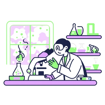 A scientist with short hair is looking through a microscope with excitement in a laboratory. The scientist is wearing a white lab coat and safety goggles. The microscope is positioned on a wooden table, surrounded by various innovative equipment, including an array of beakers, a petri dish, and a digital scale. Behind the scientist, there are shelves filled with lab instruments and scientific books. A large window lets in natural light, illuminating the workspace.