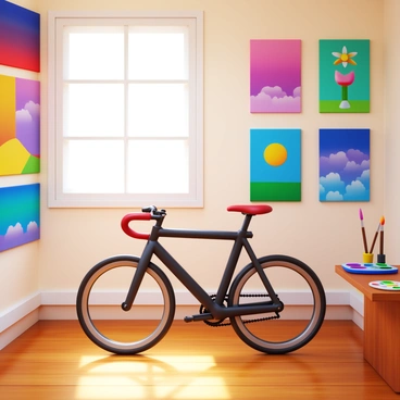 A spin bike positioned in the corner of an artist's studio. The bike has a sleek design with a black frame and a comfortable seat. Surrounding the bike are vibrant paintings displayed on the walls, featuring various colors and abstract patterns. The studio has a wooden floor and soft, natural light filtering in through a large window, casting gentle shadows across the space. Paintbrushes and a palette with splattered paint sit on a nearby table, adding to the artistic atmosphere.