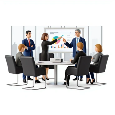 A group of four business executives gathered around a sleek conference table in a modern office. Two male executives, one with short black hair and wearing a tailored blue suit, and the other with salt-and-pepper hair in a gray suit, stand beside a digital projector. The projector displays a colorful corporate strategy presentation on a white screen. A female executive with long brown hair in a sleek black dress points at a graph on the screen. Another female executive with short blonde hair, wearing a smart navy blazer, takes notes on a notepad. The room is well-lit, featuring large windows with a view of the city skyline.