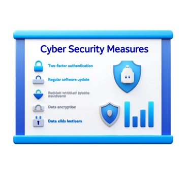 A PowerPoint slide featuring the title "Cyber Security Measures" in bold text at the top. The slide includes several icons representing various security concepts, such as a padlock, a shield, and a firewall. On the left side, there are bullet points listing key measures like "Two-factor authentication," "Regular software updates," and "Data encryption." On the right side, there are data points represented as charts and graphs, illustrating trends in cyber threats over time. The background is a clean, professional design with a subtle gradient.