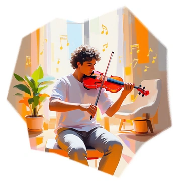 A musician with medium skin and curly hair is playing a violin in a sun-drenched room filled with warm light. The musician is wearing a casual, light-colored shirt and appears focused on creating music. Soft rays of sunlight stream through a large window, casting gentle shadows on the wooden floor. Surrounding the musician, musical notes are depicted as delicate, shimmering symbols that seem to float gracefully in the air, adding to the serene atmosphere of the scene. The room is adorned with a few potted plants and a cozy chair in the background, enhancing the inviting ambiance.