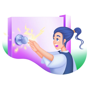 A close-up illustration capturing a scene in which a person is reaching out to touch a shiny metal doorknob. The person's hand is slightly recoiling back, with visible sparks of electricity represented around the fingertips. The doorknob reflects soft lighting, and the surrounding door is painted in a light, muted color. The person's expression shows mild surprise, with their hair slightly standing on end. A warm ambiance is created by gentle pastel colors in the background, enhancing the focus on this moment of static shock.