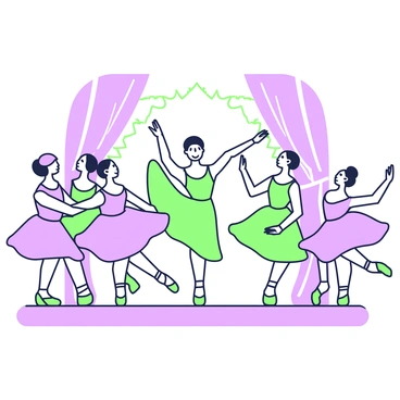A group of ballet dancers is performing on a stage illuminated with soft lights. The dancers are arranged in a dynamic formation, showcasing their movements in perfect consonance. Each dancer is wearing a graceful costume that emphasizes their form. The stage has an ornate backdrop that complements the performance. The dancers' expressions convey concentration and artistry as they execute intricate poses and movements. A spotlight highlights the lead dancer, who is mid-leap, while the rest are in flowing poses surrounding her.