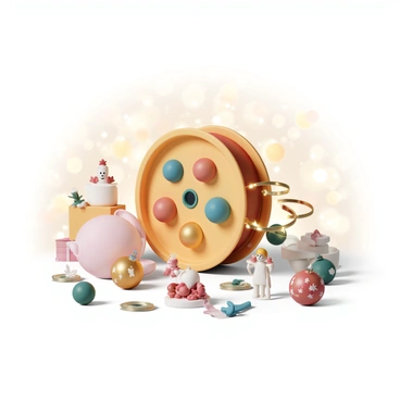 A festive holiday reel adorned with ornaments, lights, and cheerful decorations