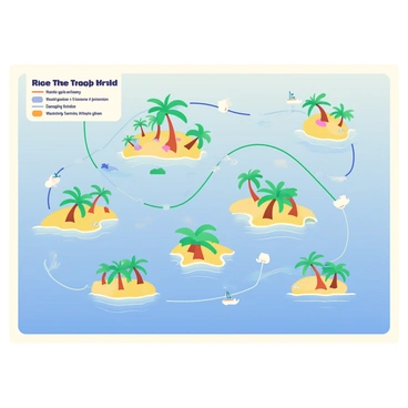 A subway map is laid out prominently, showcasing a tropical archipelago with numerous islands depicted as station stops. Each island is illustrated with vibrant colors, featuring palm trees and sandy beaches. The lines connecting the stations are colored in shades of blue and green, representing the ocean surrounding the islands. Small icons of boats and sea creatures are placed along the routes, adding to the tropical theme. The map includes a legend in the corner with descriptions of each island, indicated in playful fonts.