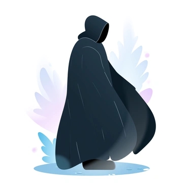 A hooded figure is standing in a side view, draped in a flowing, dark cloak that billows slightly in an unseen breeze. The cloak is richly textured, with deep folds that create an air of intrigue. The hood obscures the figure's head, casting a shadow over the silhouette. The ground beneath is uneven, dotted with small stones, adding to the mysterious atmosphere. In the background, there are hints of dimly lit trees, their silhouettes blending into the shadows. A soft gradient of pastel colors subtly emanates from the cloak, enhancing the figure's enigmatic presence.