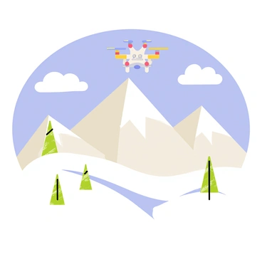 A toy drone hovering above a snowy mountain range. The mountains feature sharp, jagged peaks blanketed in white snow. The drone is colorful, with red and blue accents, contrasting against the bright white landscape. Fluffy clouds drift in the blue sky, adding depth to the scene. Small trees dotted along the foothills are lightly dusted with snow, creating a picturesque winter setting.