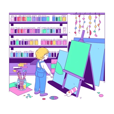 A curious child with bright blue overalls is standing in the middle of an art supply store. The child gazes in wonder at the shelves filled with various colorful art supplies. There are tubes of paint in vibrant colors, neatly organized in rows, and packs of crayons featuring a range of shades. The floor is scattered with colorful paper, and there is a large teal canvas on an easel nearby. Hanging from the ceiling are strings of colorful beads, casting playful shadows around the store. The child reaches out with a small hand toward a jar filled with multicolored paintbrushes.
