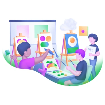 A modern pastel illustration of an art class setting. Four students are actively painting on easels, each using different colors and brushes, displaying their creative works. Nearby, three students are focused on drawing, using sketch pads and pencils. The students are arranged in a way that visually represents the fraction "4/3". The classroom is bright, with art supplies scattered around and vibrant artwork displayed on the walls.