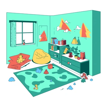 A teal kids' room features a large, playful rug with bright patterns covering the center of the floor. Various colorful toys, such as red building blocks, a yellow stuffed bear, and blue action figures, are scattered around the room. The walls are decorated with orange and white murals of fun animals, creating a lively atmosphere. A small white bookshelf holds neatly arranged books and is topped with a few decorative items. A comfortable yellow bean bag chair sits in one corner, inviting children to relax and play.