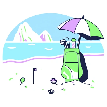 A secluded beach with soft sand and gentle waves lapping at the shore. In the foreground, a golf bag stands upright on the sand, filled with golf clubs. Nearby, a golf tee is positioned on the ground, ready for play. There are a few scattered seashells around the golf bag, adding to the beach atmosphere. In the background, a rocky outcrop frames the horizon, while a clear blue sky stretches above. A beach umbrella is partially open, casting a small shadow near the golf setup.