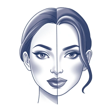 A split image displaying two halves of a face. On the left side, the face shows natural features with minimal makeup, featuring a smooth complexion and a subtle expression. The right side of the face showcases a dramatic transformation with full makeup application. This side includes bold eye makeup with defined eyeliner and vibrant eyeshadow, along with well-defined cheekbones highlighted by contour. The lips are adorned with a striking color and a glossy finish. The hair on both sides is styled in the same manner, creating a cohesive look that highlights the differences in makeup application.