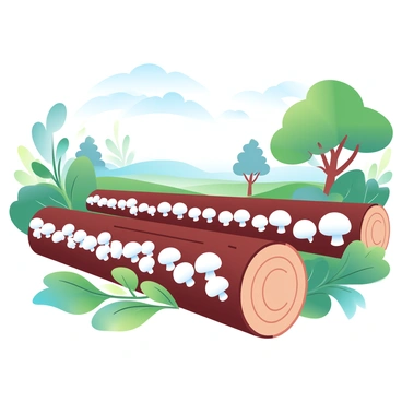 A scenic shiitake mushroom farm features long rows of wooden logs, each hosting clusters of shiitake mushrooms growing in various stages. Surrounding the logs is lush greenery, with vibrant green leaves and plants creating a natural backdrop. Soft sunlight filters through the trees, casting gentle light on the mushrooms and wooden logs. In the distance, a few trees stand tall, their foliage adding to the richness of the scene. The overall composition evokes a sense of growth and abundance in a tranquil setting.