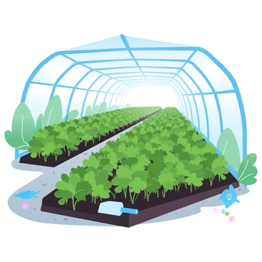 A greenhouse filled with rows of vibrant green plants stretching far back into the distance. The plants vary in height and type, with some small seedlings and others larger foliage. Sunlight filters through the glass panels above, casting gentle shadows across the ground. Each row is neatly organized, creating a sense of order within the lush greenery. The floor of the greenhouse is made of dark soil and gravel, adding a natural tone to the environment. A few gardening tools are scattered along the edges, hinting at recent care and tending to the plants.