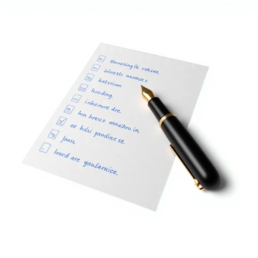 A close-up view of a sheet of paper featuring handwritten answers on a questionnaire. The answers are written in blue ink with clear, legible handwriting. Each response is neatly organized in the designated spaces. Beside the paper, there is a classic fountain pen with a glossy black barrel and a gold-colored nib, resting elegantly on the surface. The background is softly blurred to emphasize the details of the questionnaire and the pen.