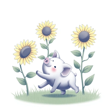 A small piglet is frolicking in a field filled with tall sunflowers. The piglet has round cheeks and a playful stance, showcasing its joy. Sunflowers with large yellow petals tower above, their heads turned towards the sun. The sky is clear and expansive, creating a bright backdrop. The ground is covered in green grass that complements the scene.