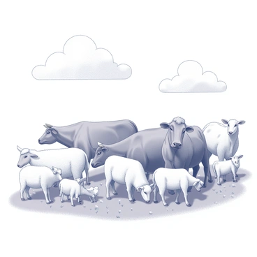 A group of various farm animals, including sheep, cows, and goats, is grazing in a pasture. The sheep have fluffy white wool, while the cows are large with distinct markings. The goats are small and nimble, moving around the pasture. In the background, there are patches of grass and a few scattered wildflowers. The sky above is clear with a few fluffy clouds, indicating a bright day.