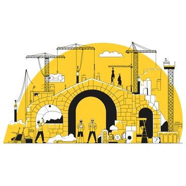 A scene depicting the construction of London Bridge in the past. Builders are actively engaged in their work, wearing period-appropriate clothing such as caps and heavy coats. Several cranes are positioned on-site, lifting materials like large stone blocks and timber beams. The bridge structure is partially completed, showcasing its arches and supports. In the background, other construction tools and equipment are visible, along with a few workers discussing plans. The environment is filled with scaffolding and construction debris, all contributing to the historic atmosphere of the scene.