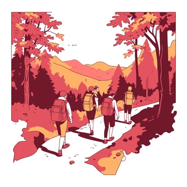 A group of hikers is walking along a winding trail surrounded by trees with vibrant fall foliage. The leaves are painted in shades of orange and red, creating a stunning backdrop. Each hiker is wearing a backpack and appropriate outdoor clothing, with one hiker pausing to take a picture. In the distance, there are rolling hills that are partially covered with a light mist, adding depth to the scene. Sunlight filters through the branches, casting dappled light on the trail as the hikers continue their exploration.