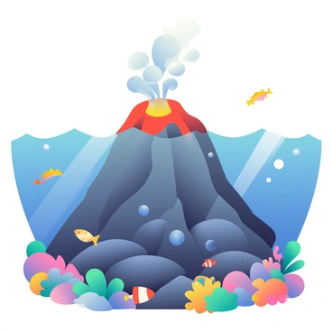 An undersea volcano rises from the ocean floor, showcasing its rugged, jagged edges. The volcano is surrounded by swirling blue waters that reveal various marine life swimming around it. Above the volcano, bubbles emerge from cracks in the surface, releasing gas into the water. Colorful coral reefs can be seen flourishing along the base of the volcano, while schools of fish dart between them. Sunlight filters through the water, casting a soft glow on the volcanic rock formations.