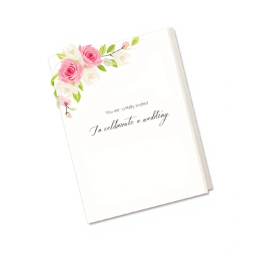 An elegant wedding invitation displaying a rectangular white card with a soft, light gray border. The card has a beautifully arranged watercolor bouquet of pink and white roses in the upper corner, interspersed with green leaves and delicate sprigs. The text on the invitation is in elegant cursive font, reading "You are cordially invited to celebrate a wedding." The overall layout is balanced and harmonious, conveying a sense of sophistication and romance.
