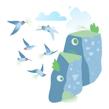 Swallows nesting on a cliffside, swooping in and out with bits of grass