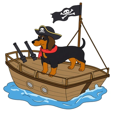 A small dachshund with a shiny black coat and brown patches, wearing a black pirate hat with a skull and crossbones emblem. The dog stands proudly on the weathered wooden deck of a pirate ship, with a tattered black flag waving in the background. The ship's railing is adorned with ropes and a pair of old cannons can be seen nearby. The dachshund has a red bandana tied around its neck and a toy sword tucked into its side. The ocean waves gently splash against the ship, adding a playful touch to the scene.