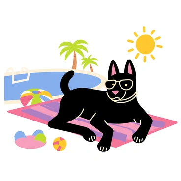 A stylish black dog lounging by the pool on a colorful beach towel. The dog is wearing dark sunglasses, and its ears are perked up. The pool is a bright blue, with a few floating pool toys nearby. There are palm trees in the background, and the sun is shining brightly, casting playful shadows on the ground.