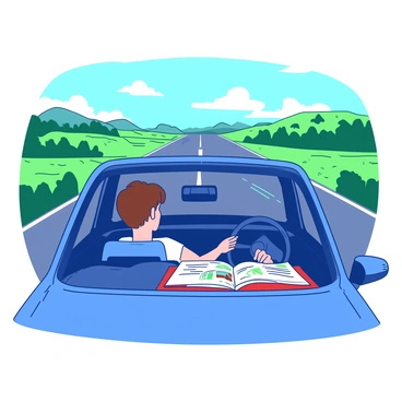A blue car is driving along a straight highway surrounded by green fields and distant mountains. Inside the car, a driver with short brown hair is sitting comfortably in the driver's seat, focused on the road ahead. The driver's left hand is resting on the steering wheel, while the right hand is gently tapping to the rhythm of the music playing from the car's speakers. An open red book with colorful illustrations is placed on the passenger seat, hinting at the audiobook being enjoyed. Sunlight streams through the car windows, casting a warm glow inside the vehicle as the scenery rushes by.