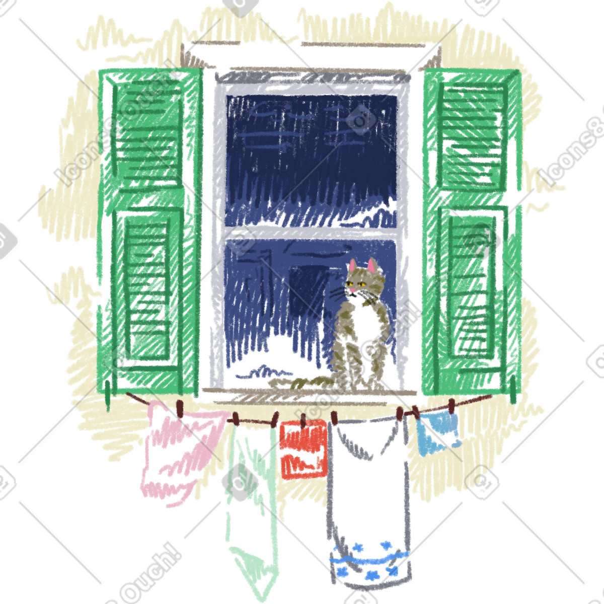 Gatto seduto alla finestra illustrazione in stile Sketchbook scarica in PNG, SVG