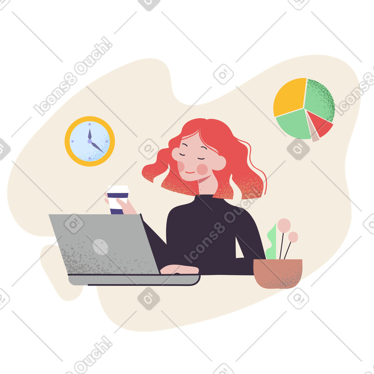 Woman works with computer illustration in Pale style download in PNG, SVG