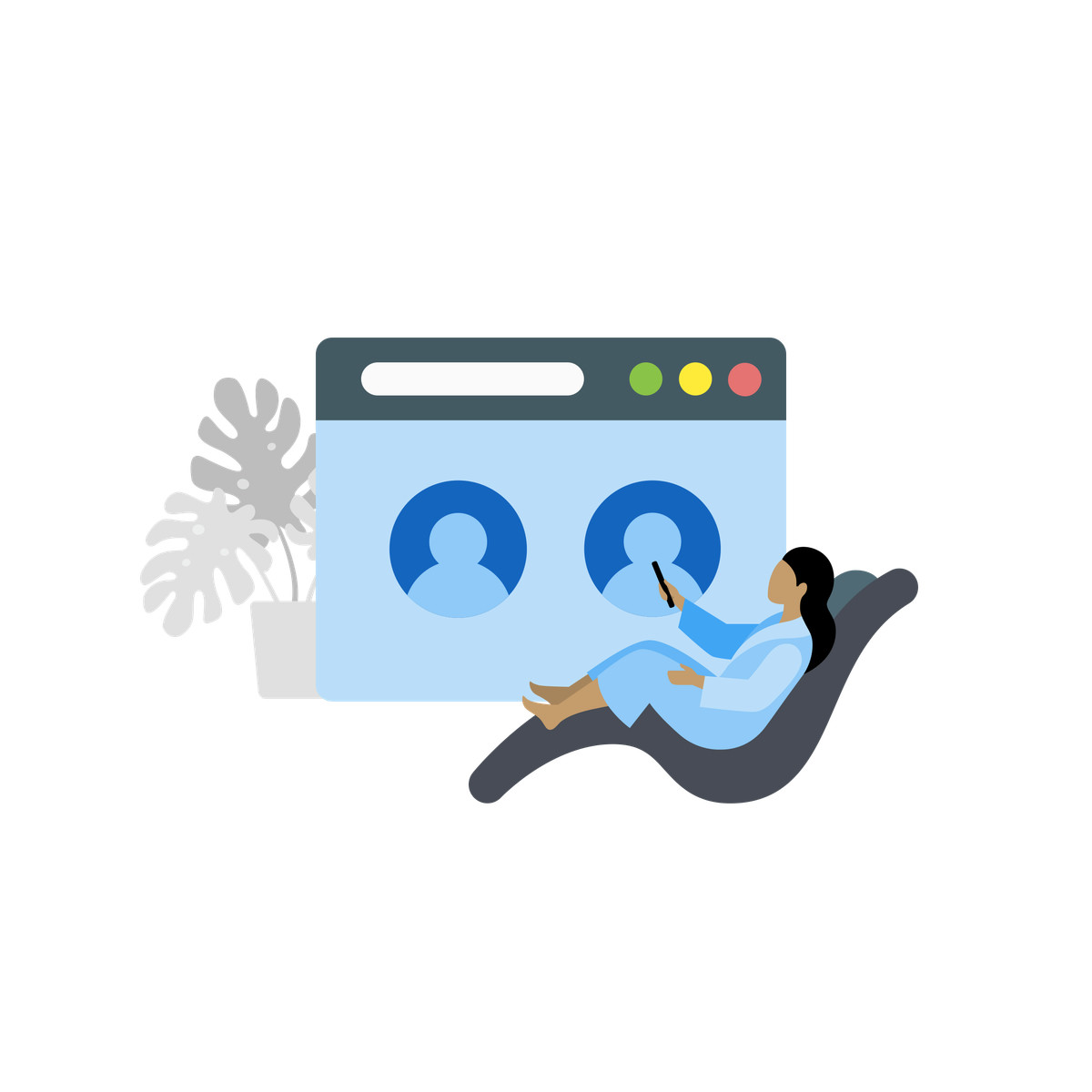 Ilustração de Freelancer holding online meeting with team, Digital collaboration or remote teamwork em no estilo Fogg para baixar em PNG, SVG