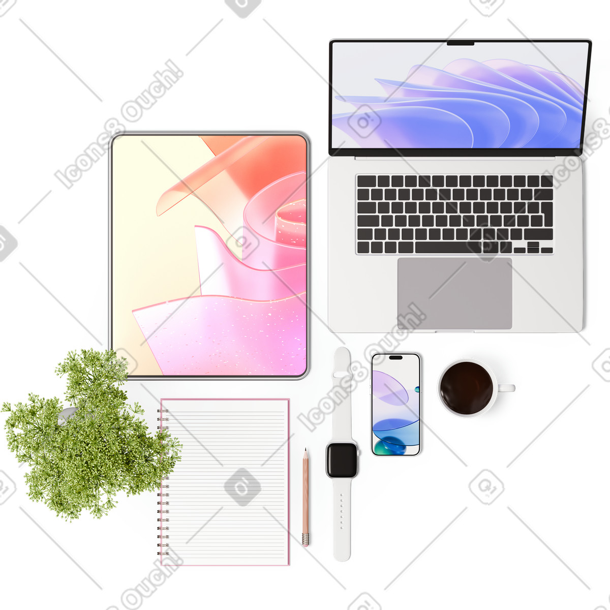 Vista dall'alto di laptop, tablet, notebook, smartphone, smartwatch, tazza, matita e pianta illustrazione in stile 3D Hygge scarica in PNG, SVG