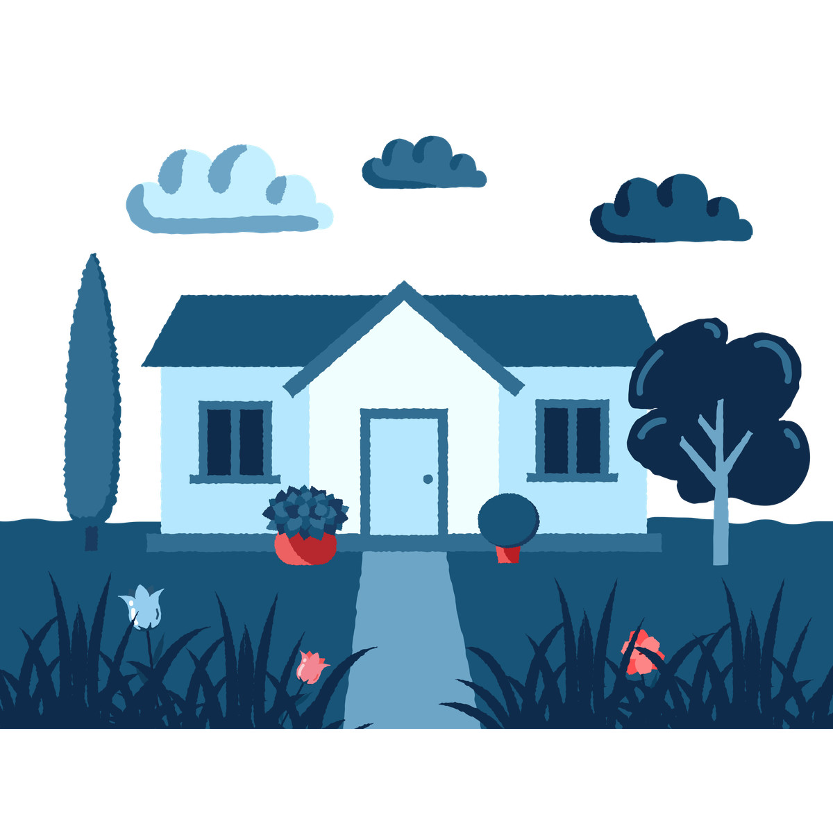 One storey white house with trees, potted plants and flower beds illustration in PNG, SVG