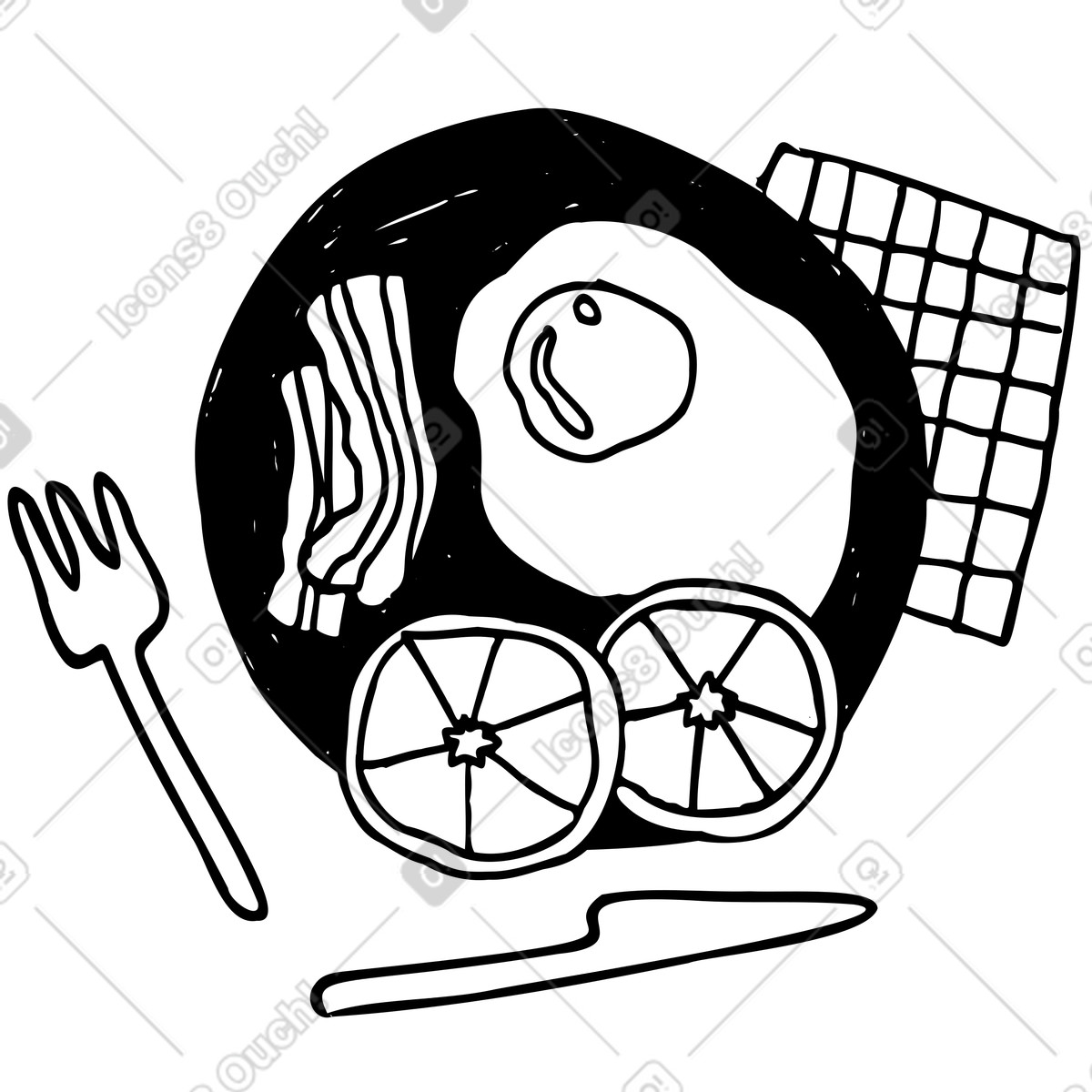 Breakfast plate with fried egg, bacon and vegetable slices illustration in Marks style download in PNG, SVG